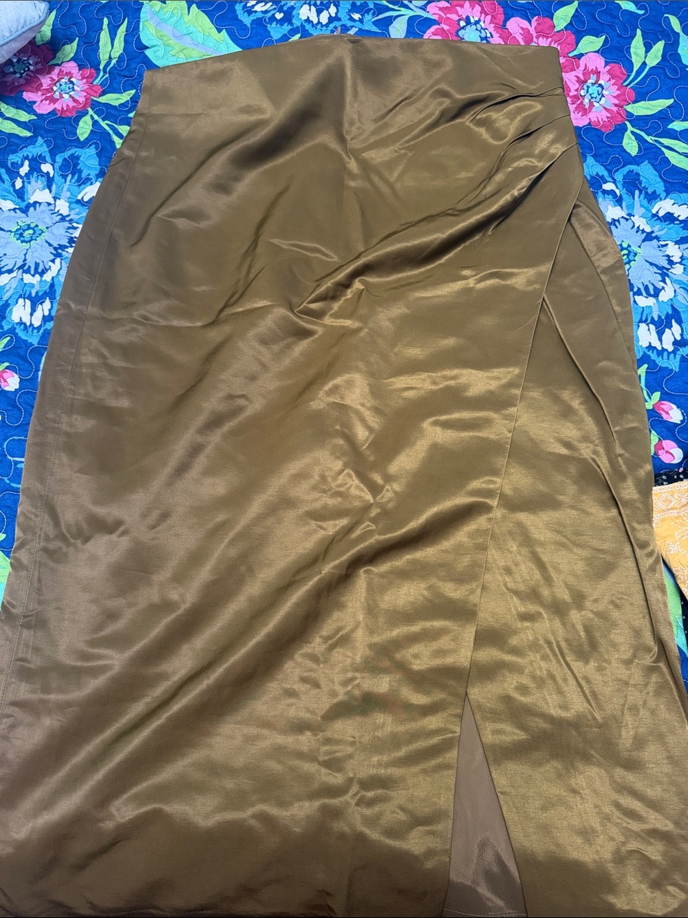 RW&CO. Olive Satin Wrap-Style Midi Skirt